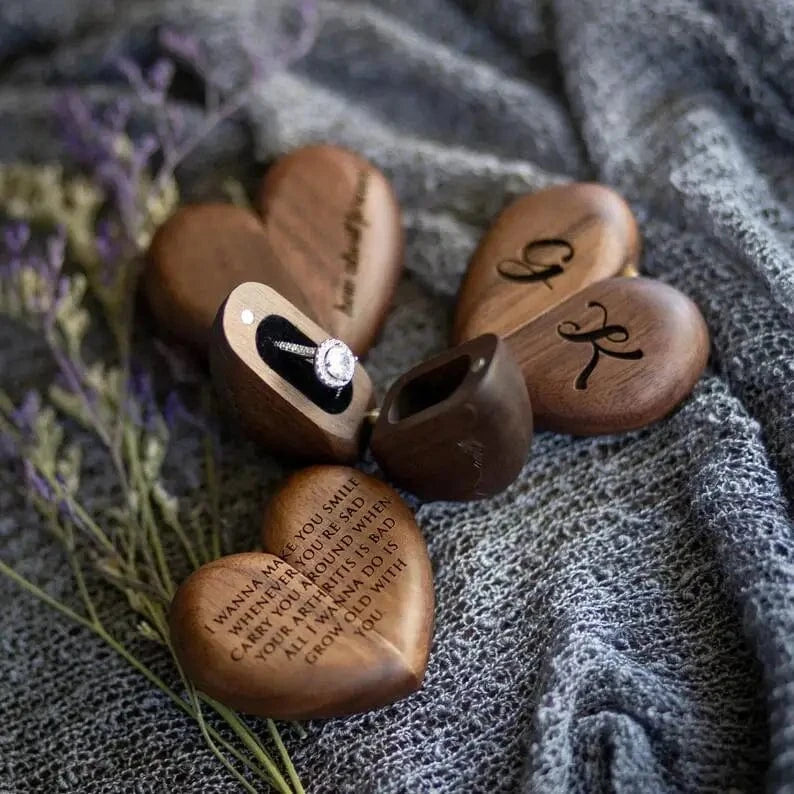 Ring 18. Heart-shaped Ring Box Walnut Wood Proposal Wedding Valentine Rings Storage Free Engraving Logo Personalized Customized Gift Horaclek