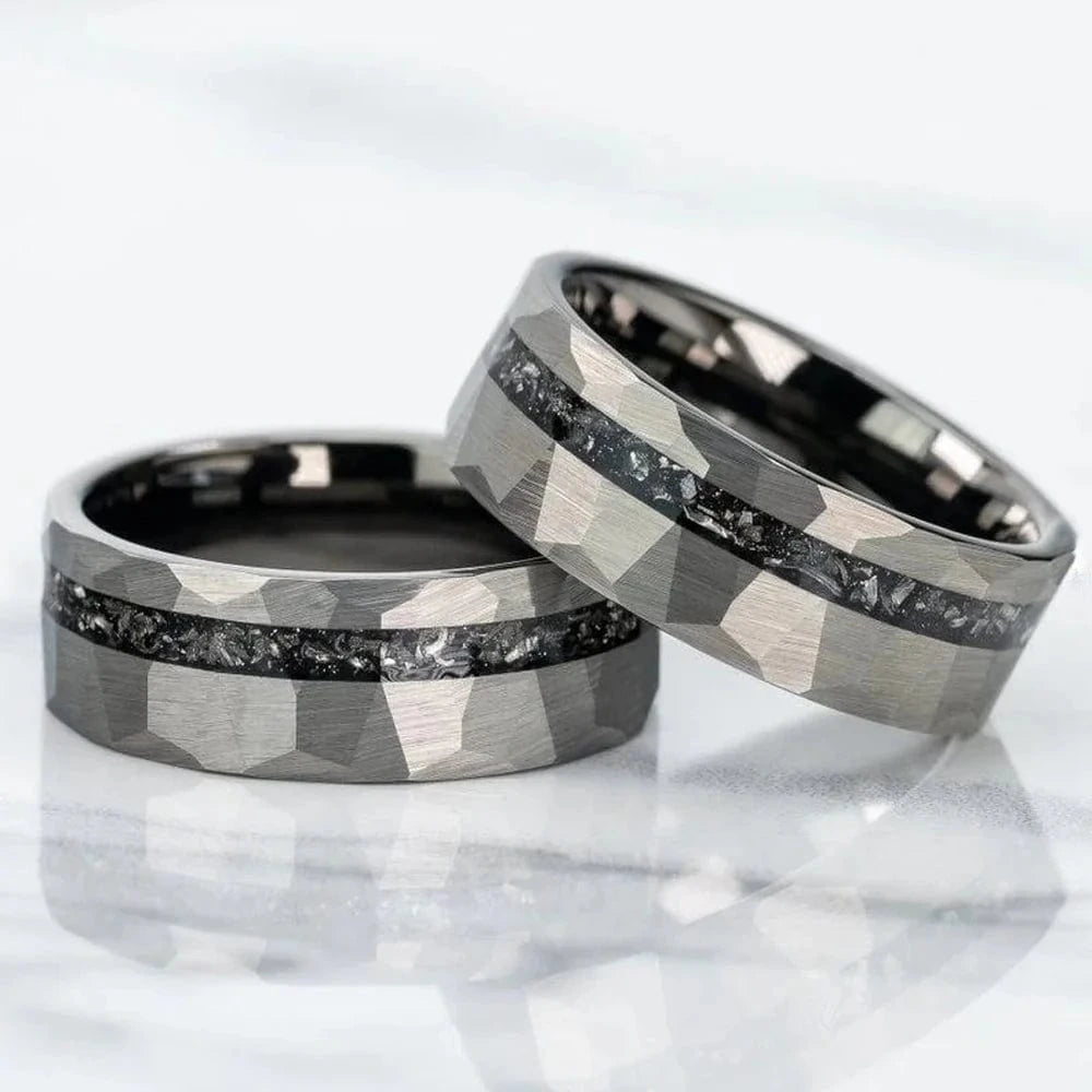 Ring 4. 1pc Men's Black 8mm Faceted Brushed Hammered Black Tungsten Carbide Ring With Meteorite Shavings Inlay Engagement Wedding Band Horaclek