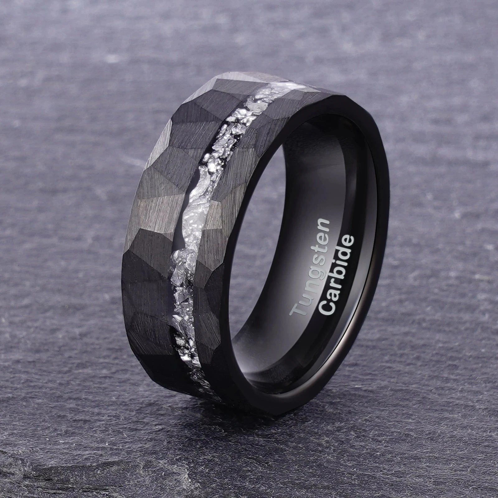 Ring 4. 1pc Men's Black 8mm Faceted Brushed Hammered Black Tungsten Carbide Ring With Meteorite Shavings Inlay Engagement Wedding Band Horaclek