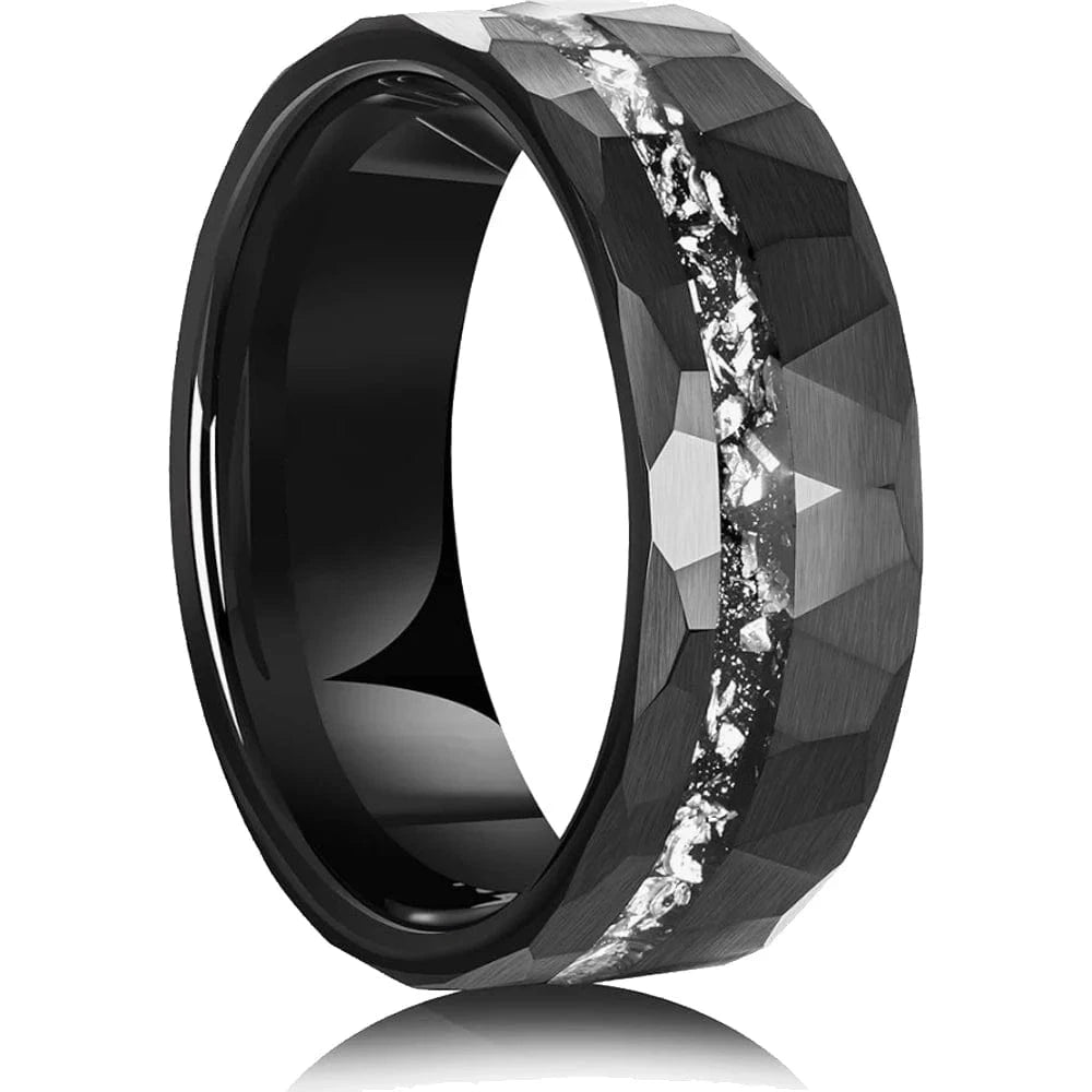 Ring 4. 1pc Men's Black 8mm Faceted Brushed Hammered Black Tungsten Carbide Ring With Meteorite Shavings Inlay Engagement Wedding Band Horaclek