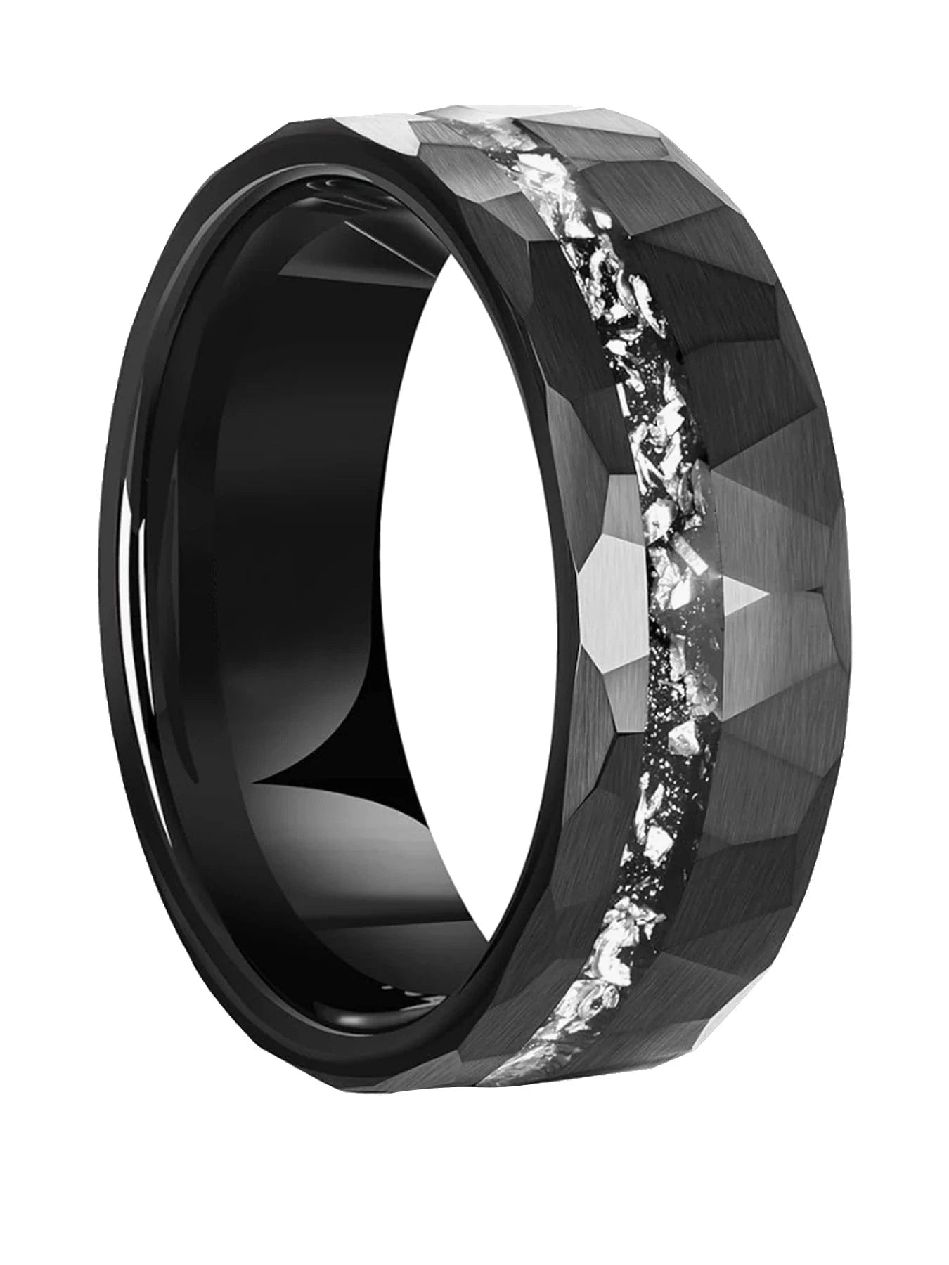 Ring 4. 1pc Men's Black 8mm Faceted Brushed Hammered Black Tungsten Carbide Ring With Meteorite Shavings Inlay Engagement Wedding Band Balck / 7.5 Horaclek