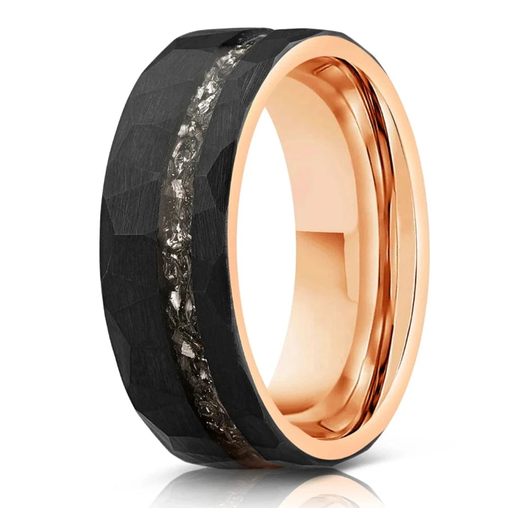 Ring 4. 1pc Men's Black 8mm Faceted Brushed Hammered Black Tungsten Carbide Ring With Meteorite Shavings Inlay Engagement Wedding Band Rose golded / 7.5 Horaclek