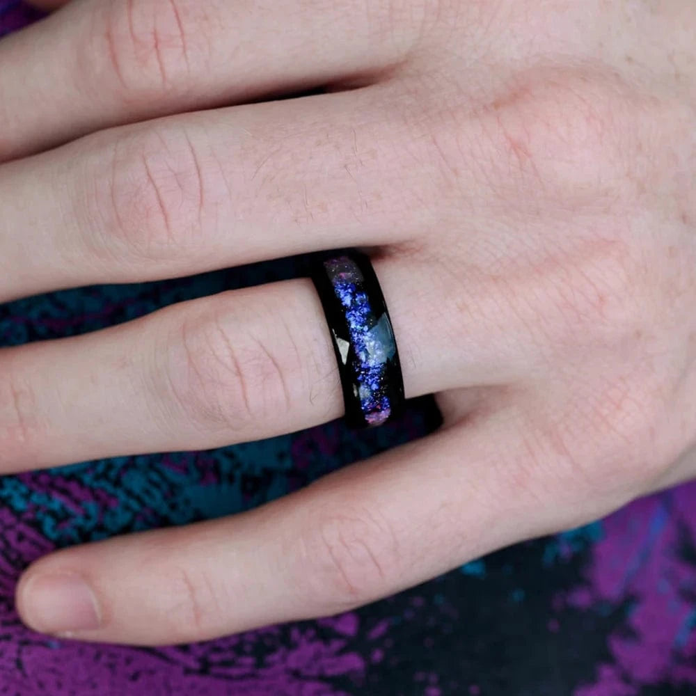 Ring 6. BLUE SANDSTONE HIS AND HERS COUPLE WEDDING RING SET 8 MM - GALAXY SPACE TUNGSTEN PROMISE RINGS FOR COUPLES - MATCHING BANDS Horaclek