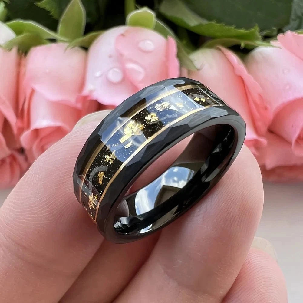Ring 9. Coolstyle Jewelry 8mm Real Meteorite Chip Gold Foil Inlay Black Tungsten Ring for Men Women Fashion Engagement Wedding Band Horaclek