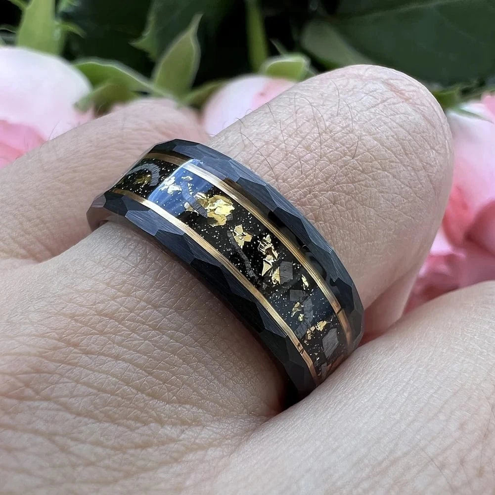 Ring 9. Coolstyle Jewelry 8mm Real Meteorite Chip Gold Foil Inlay Black Tungsten Ring for Men Women Fashion Engagement Wedding Band Horaclek