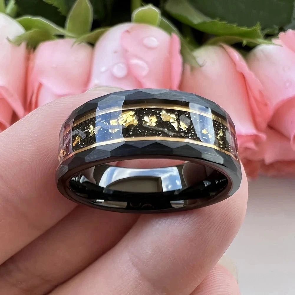 Ring 9. Coolstyle Jewelry 8mm Real Meteorite Chip Gold Foil Inlay Black Tungsten Ring for Men Women Fashion Engagement Wedding Band Horaclek
