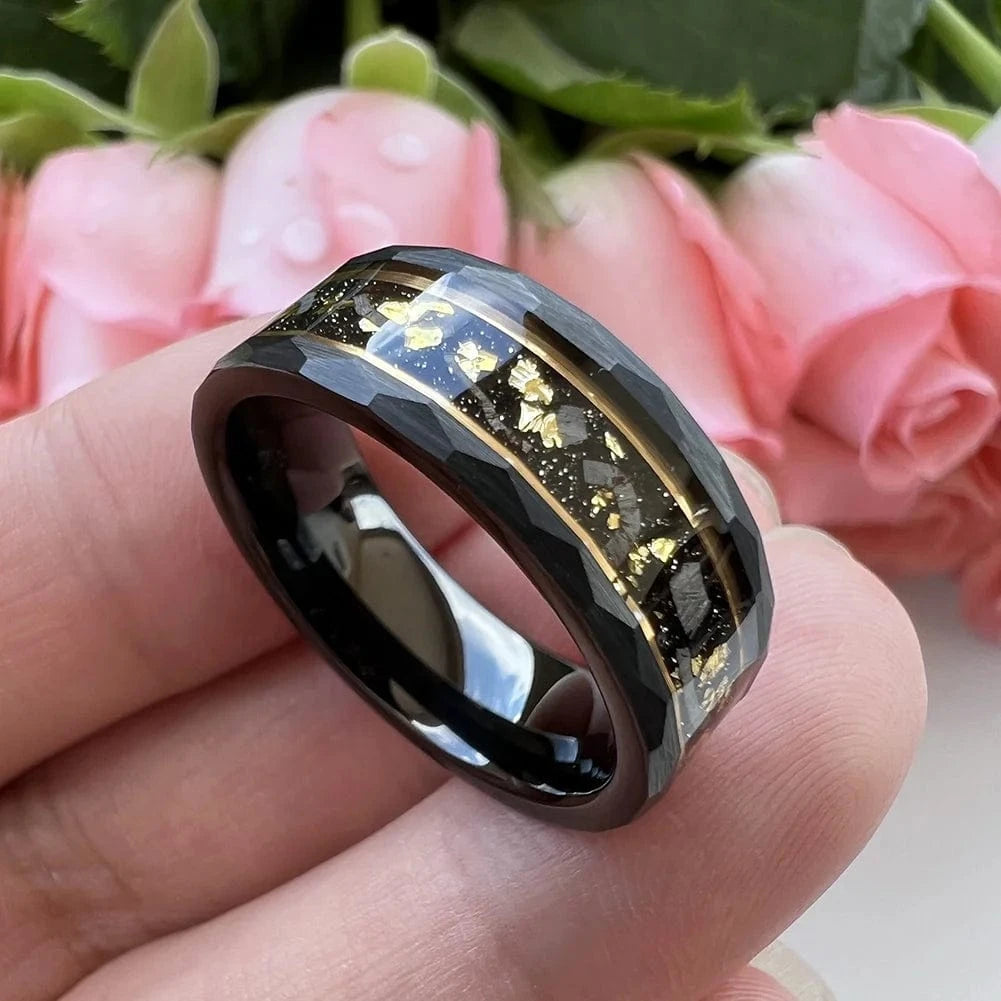 Ring 9. Coolstyle Jewelry 8mm Real Meteorite Chip Gold Foil Inlay Black Tungsten Ring for Men Women Fashion Engagement Wedding Band Horaclek