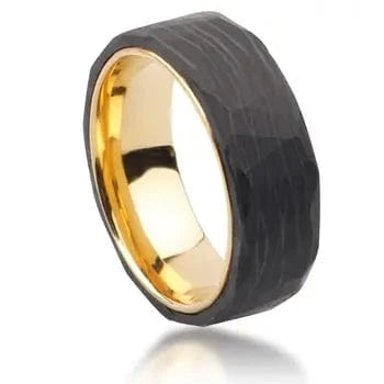 Ring POYA 8mm Black Hammered Forged Carbon Fiber Gold Plated Tungsten Inlay Wedding Band for Men Horaclek Tungsten