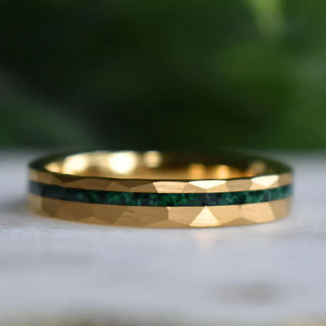 Ring Tungsten 4mm Hammered Gold Ring with Malachite Inlay My Store