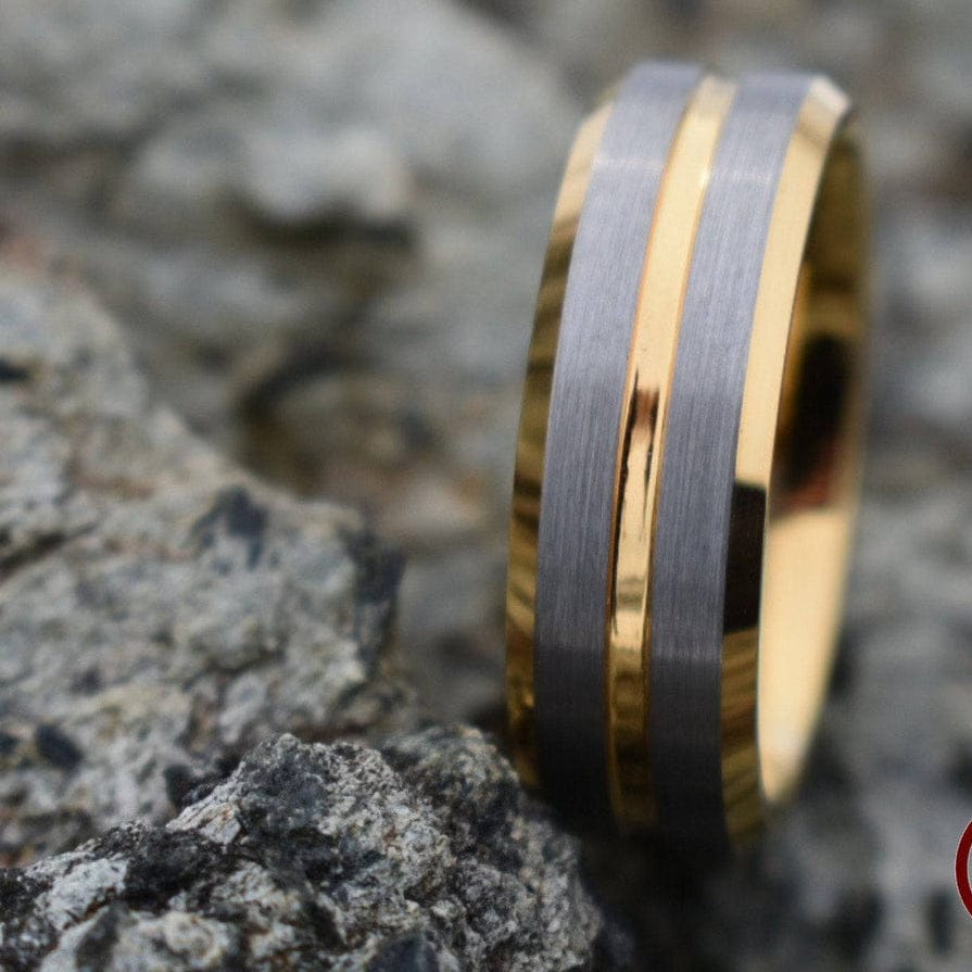 Ring Tungsten 8mm Gold Ring with Brushed Silver Bands My Store