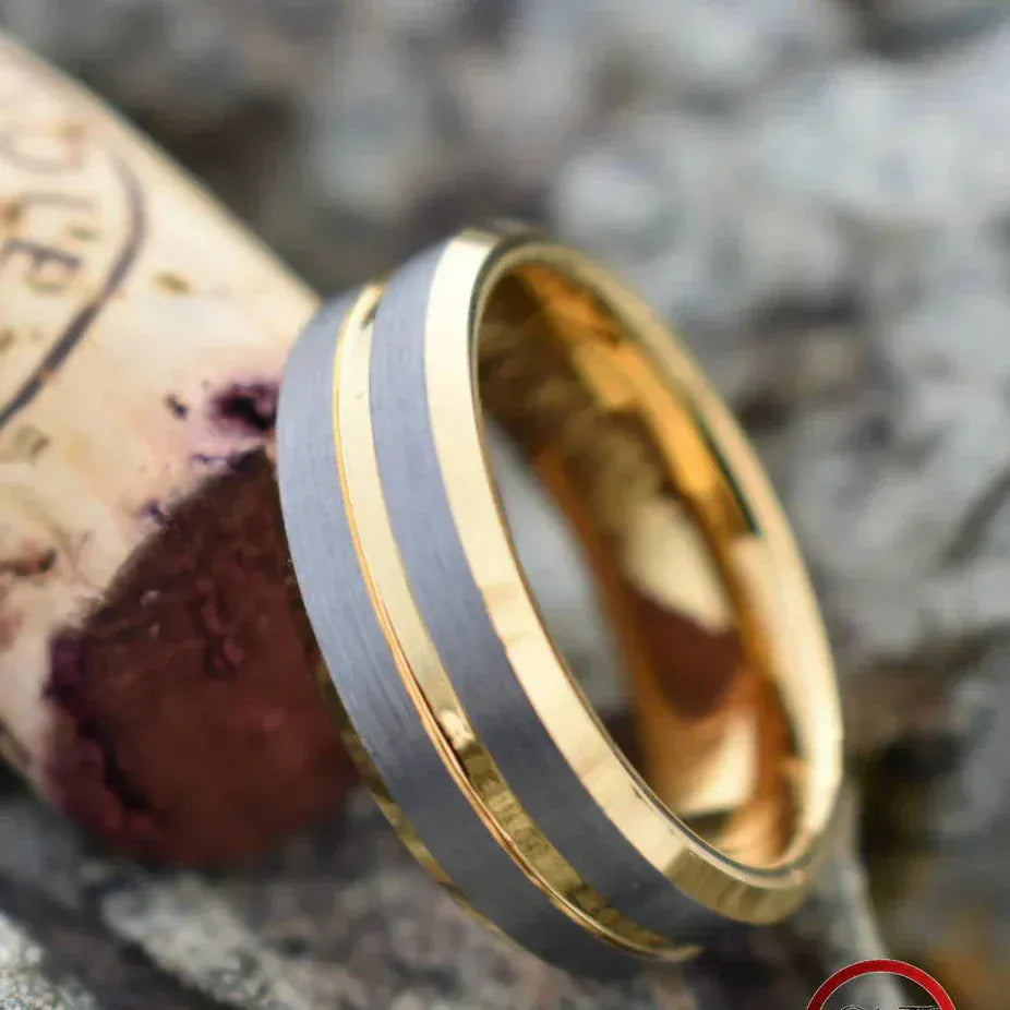 Ring Tungsten 8mm Gold Ring with Brushed Silver Bands My Store