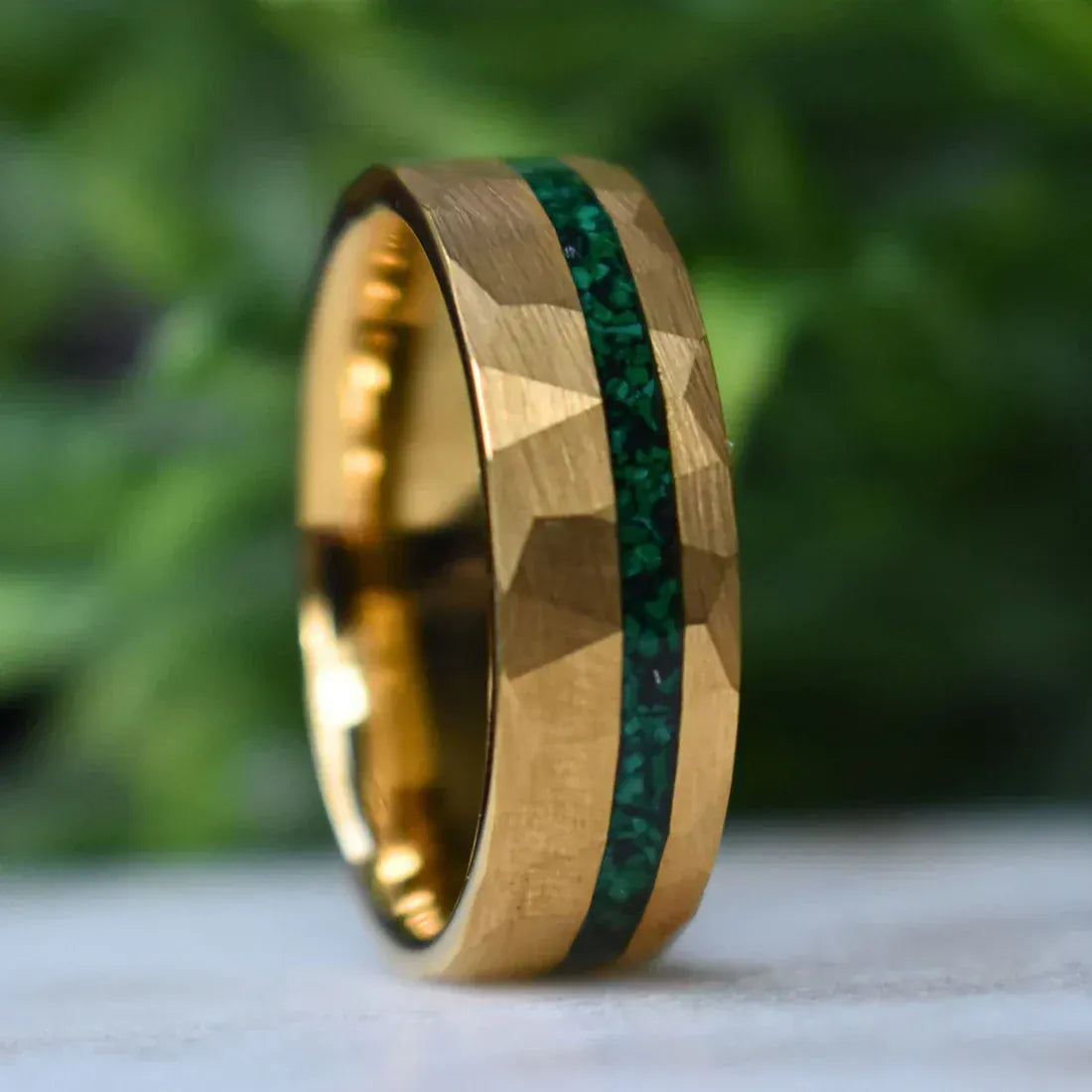 Ring Tungsten 8mm Hammered Gold Ring with Malachite Inlay My Store