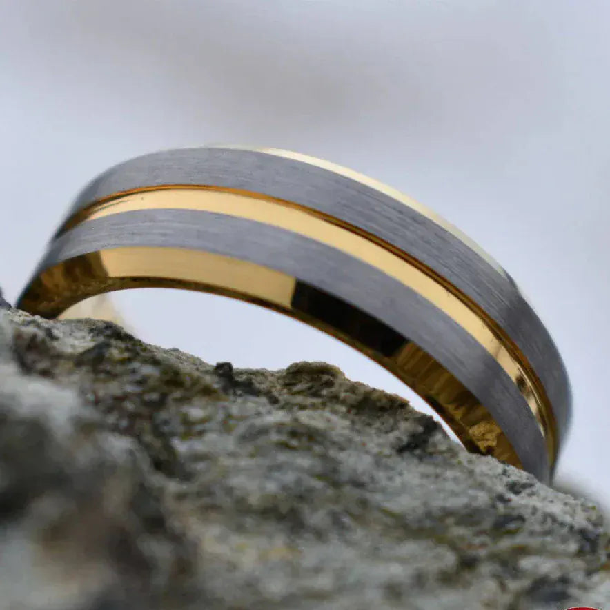 Ring Tungsten 8mm Gold Ring with Brushed Silver Bands My Store
