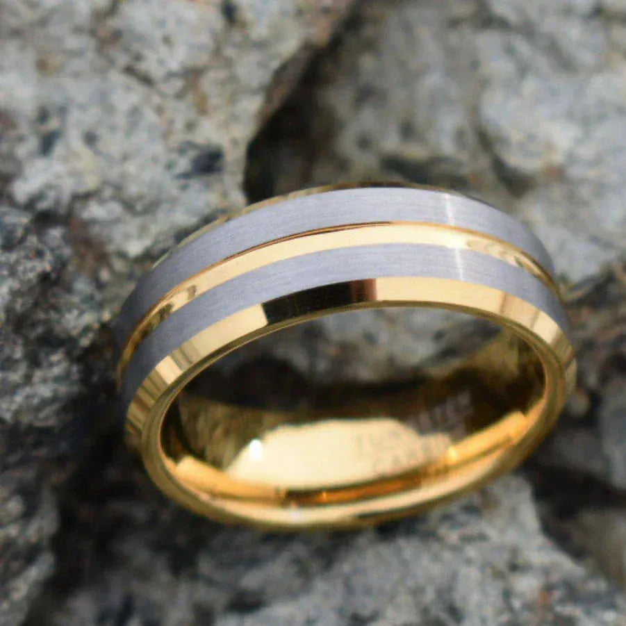 Ring Tungsten 8mm Gold Ring with Brushed Silver Bands My Store
