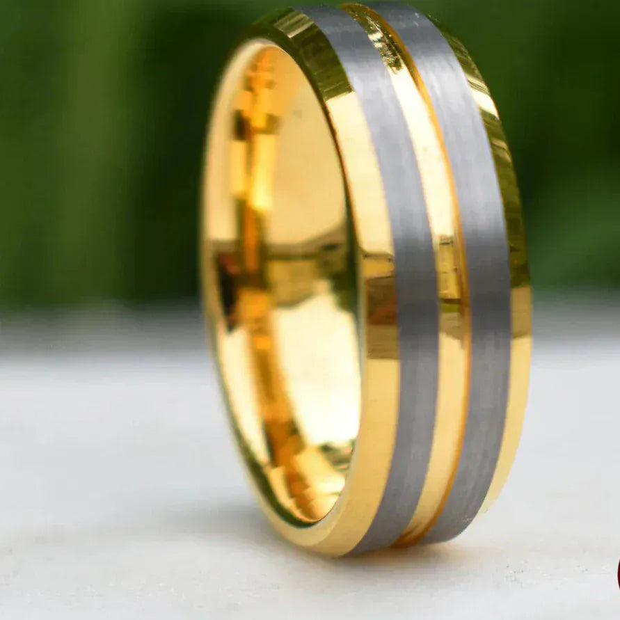 Ring Tungsten 8mm Gold Ring with Brushed Silver Bands My Store