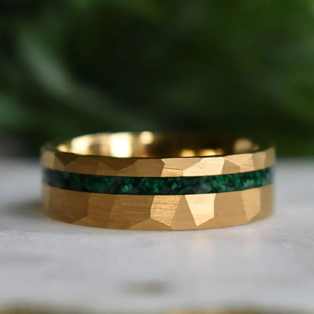 Ring Tungsten 8mm Hammered Gold Ring with Malachite Inlay My Store
