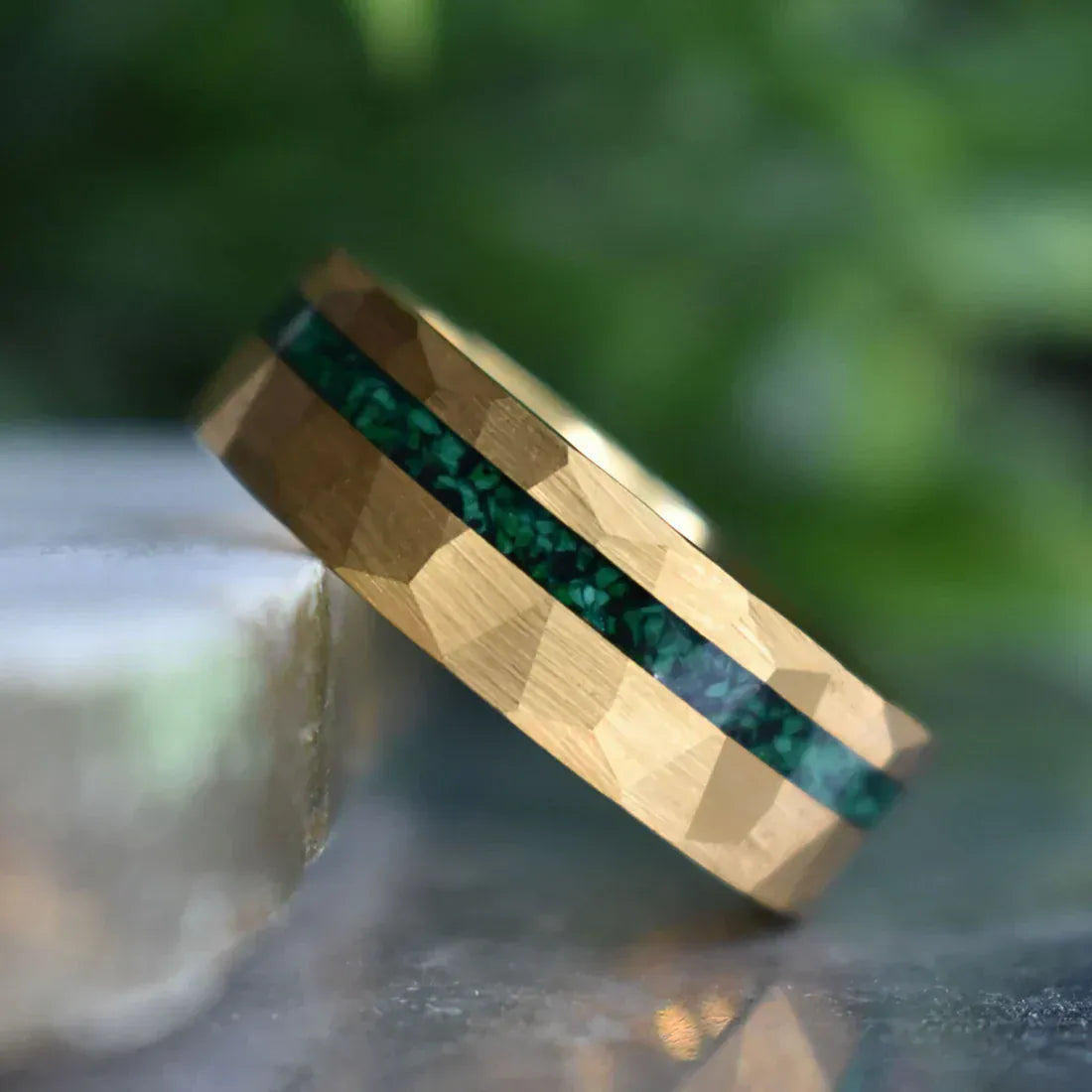 Ring Tungsten 8mm Hammered Gold Ring with Malachite Inlay My Store